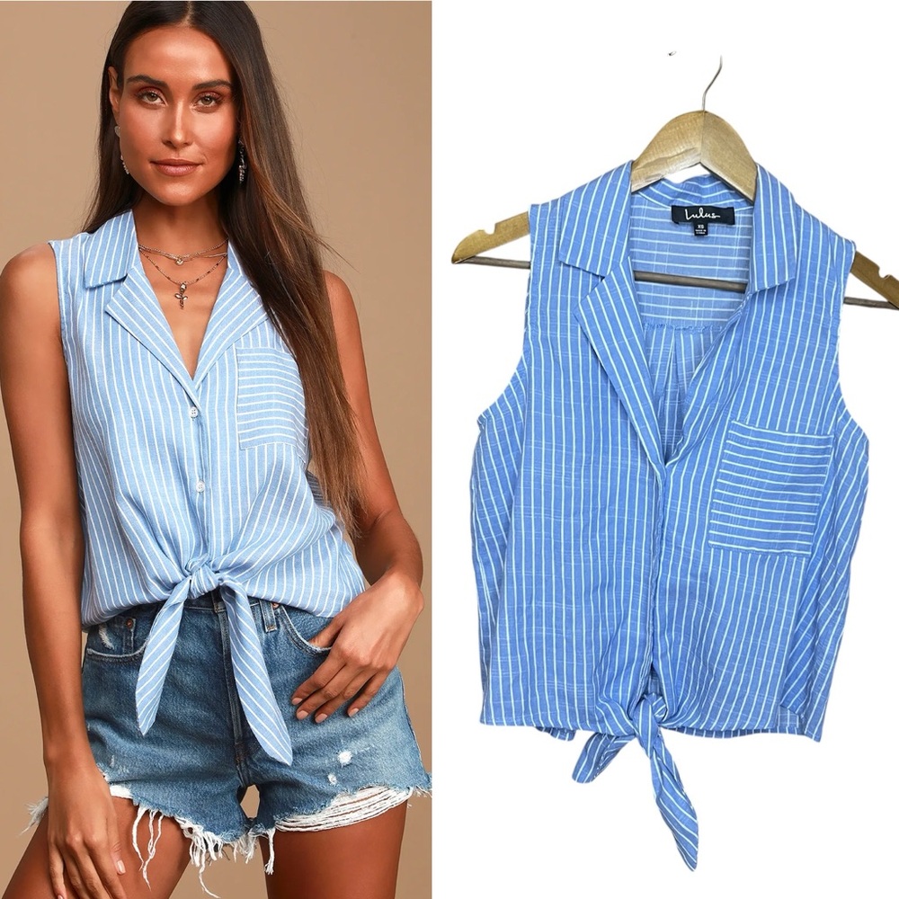 Lulus Ready for Sun XS Blue White Striped Tie-Front Blouse Button Up Top